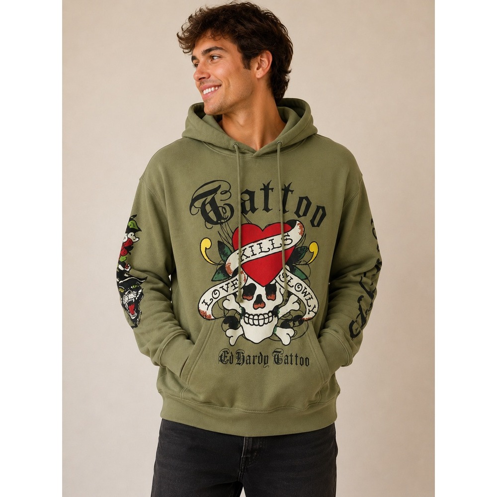 Ed Hardy Mens Love Kills Slowly Tattoo Hoodie Olive Green Skull Graphic L Retro